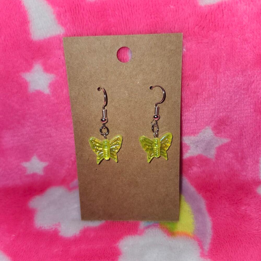 Neon Green Butterfly Silver Drop/Dangle Earrings